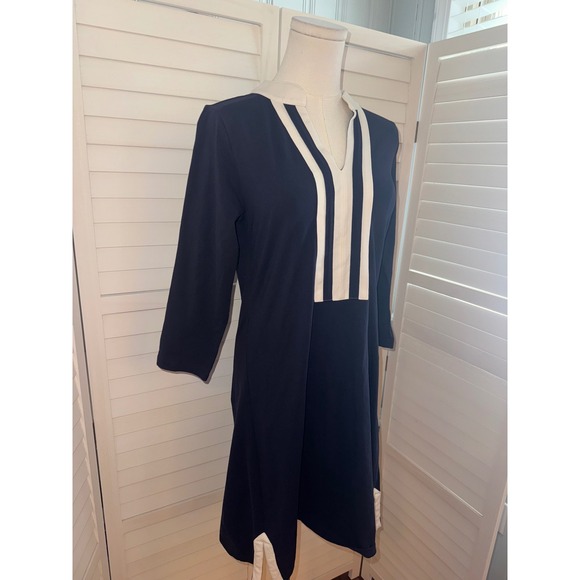 Spartina 449 Navy White Trim V Neck 3/4 Sleeve Tunic Dress M - Picture 3 of 7